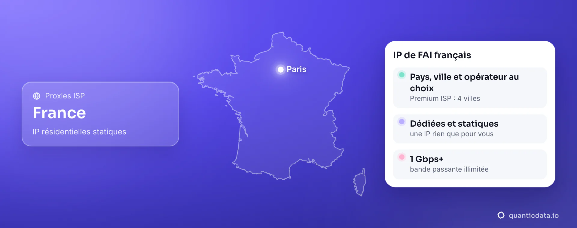 Proxies ISP en France, IP résidentielles statiques : le contour de la France avec Paris et la carte « IP de FAI français » : pays, ville et opérateur au choix (Premium ISP : 4 villes), dédiées et statiques, une IP rien que pour vous, 1 Gbps+ avec bande passante illimitée.