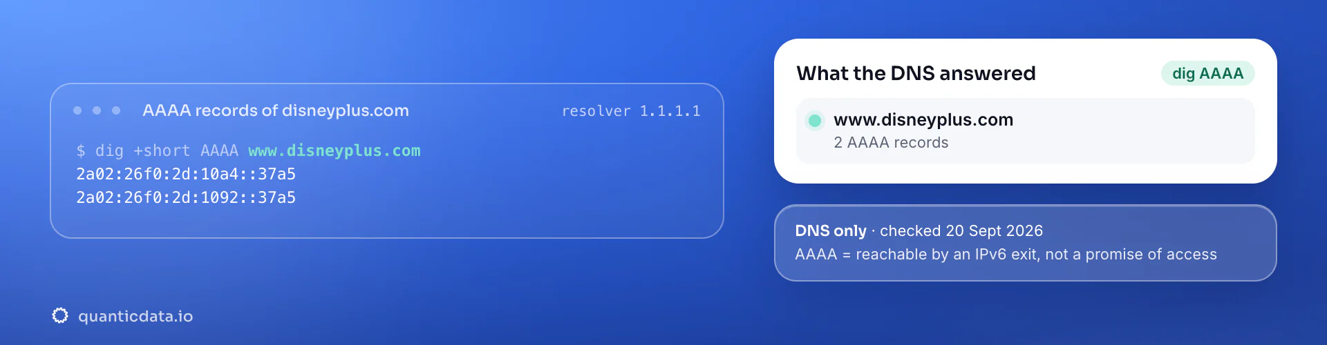 Real dig output for Disney+: www.disneyplus.com answers with 2 AAAA records. DNS checked 20 Sept 2026.
