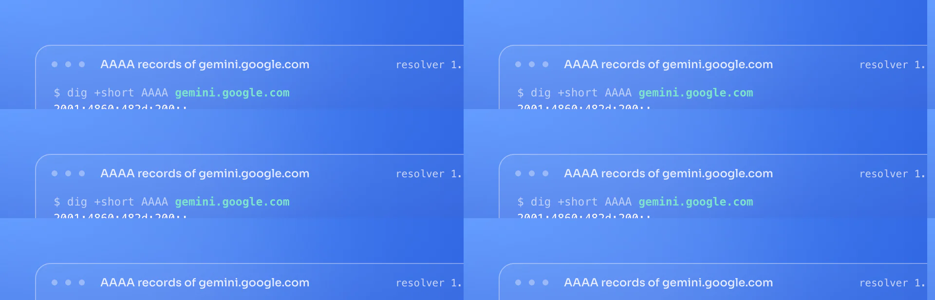 Real dig output for Gemini: gemini.google.com answers with 8 AAAA records, generativelanguage.googleapis.com answers with 8 AAAA records. DNS checked 20 Sept 2026.