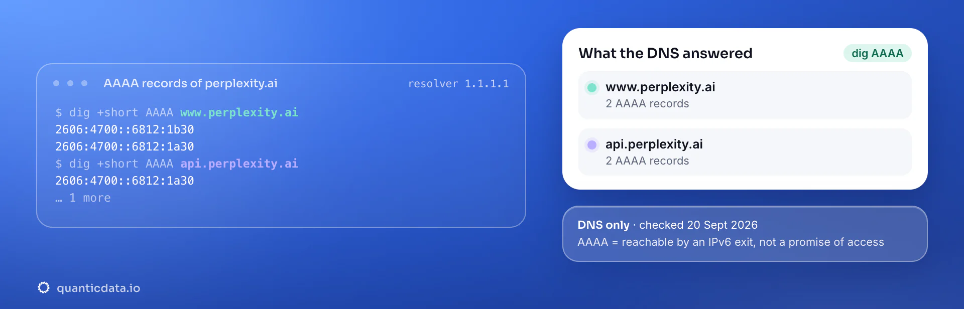 Real dig output for Perplexity: www.perplexity.ai answers with 2 AAAA records, api.perplexity.ai answers with 2 AAAA records. DNS checked 20 Sept 2026.
