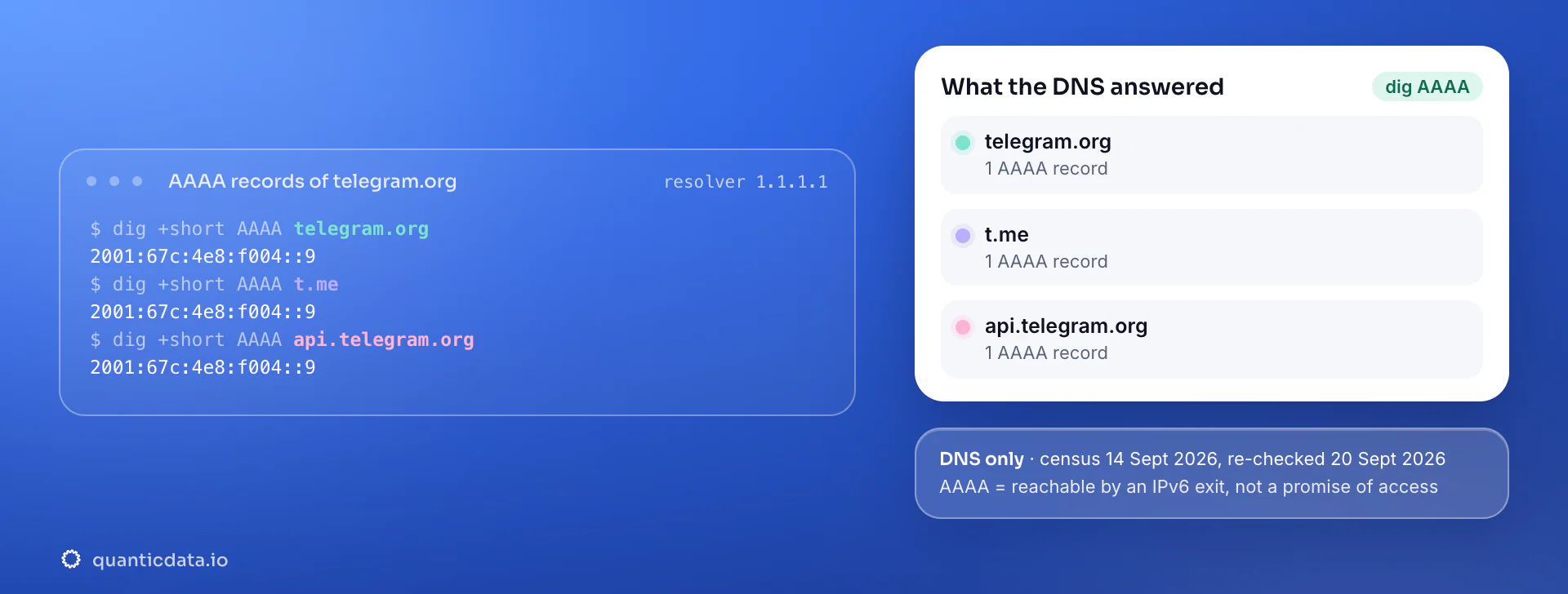 Real dig output for Telegram: telegram.org answers with 1 AAAA record, t.me answers with 1 AAAA record, api.telegram.org answers with 1 AAAA record. DNS census 14 Sept 2026, re-checked 20 Sept 2026.