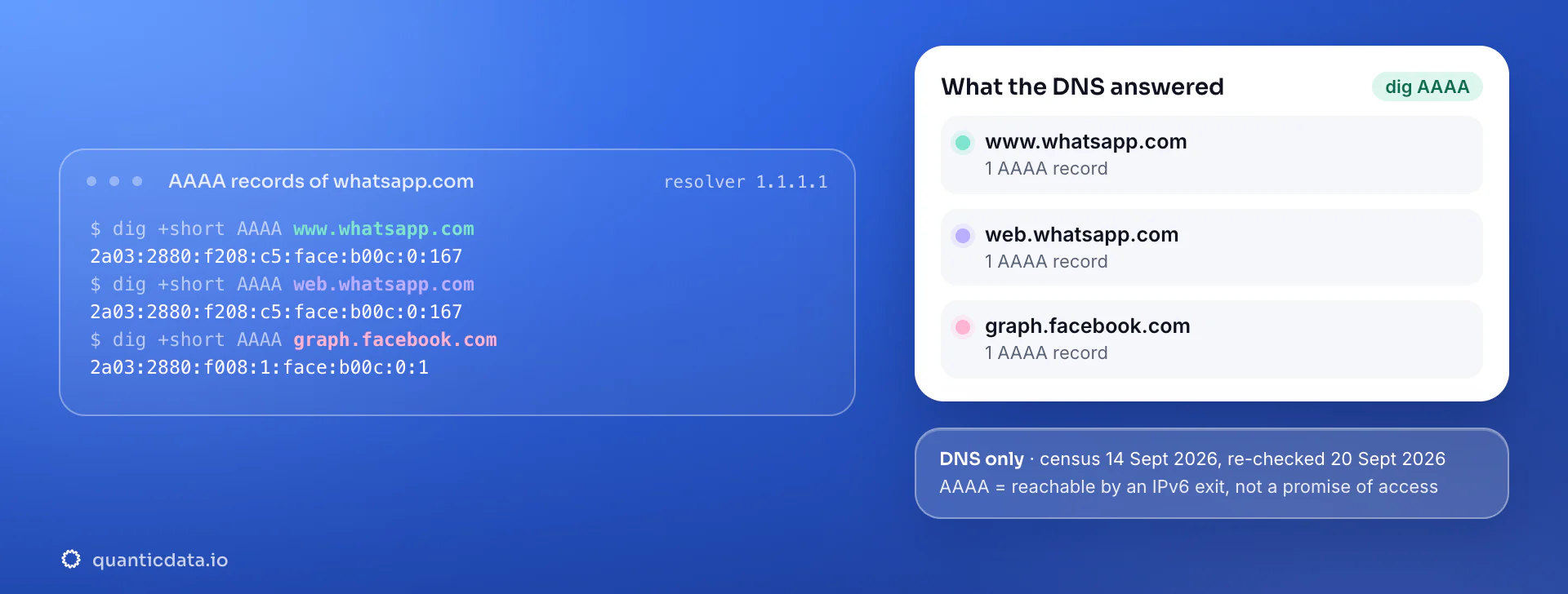 Real dig output for WhatsApp: www.whatsapp.com answers with 1 AAAA record, web.whatsapp.com answers with 1 AAAA record, graph.facebook.com answers with 1 AAAA record. DNS census 14 Sept 2026, re-checked 20 Sept 2026.