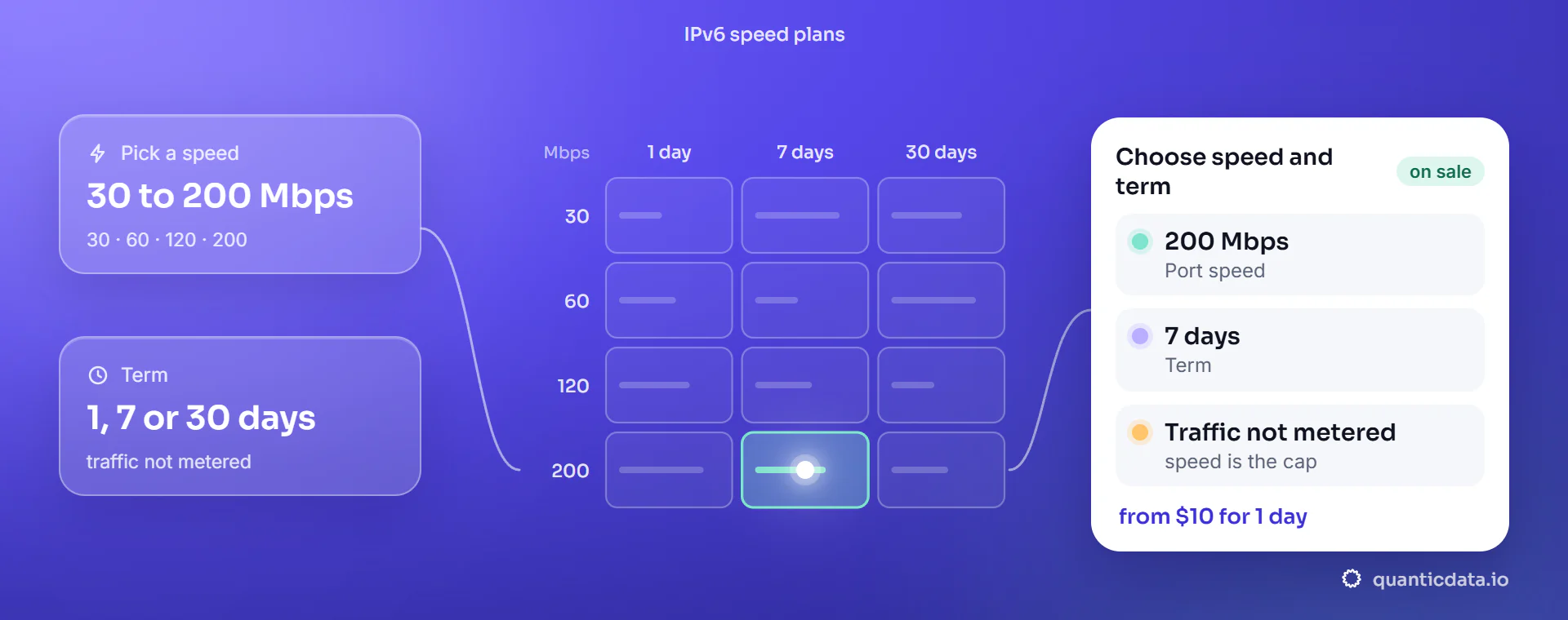 Illustration of the IPv6 speed plans: a grid of port speeds from 30 to 200 Mbps against terms of 1, 7 and 30 days with one cell lit, and a card summing up the chosen plan, 200 Mbps for 7 days with traffic not metered, from $10 for 1 day.