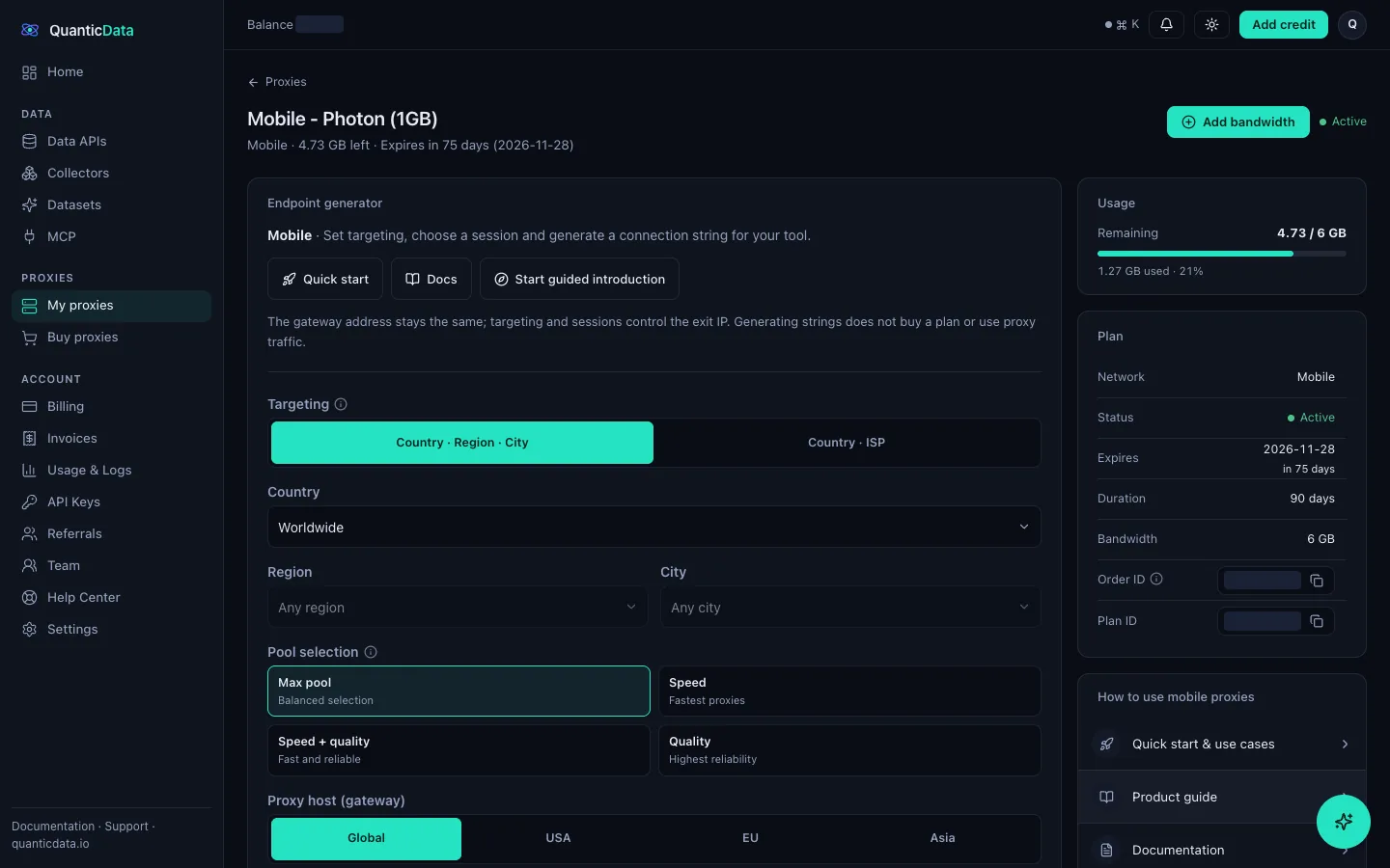 QuanticData endpoint generator for a mobile plan: targeting by country, region and city or by country and ISP, pool selection, gateway region, rotating or sticky session, HTTP or SOCKS5.