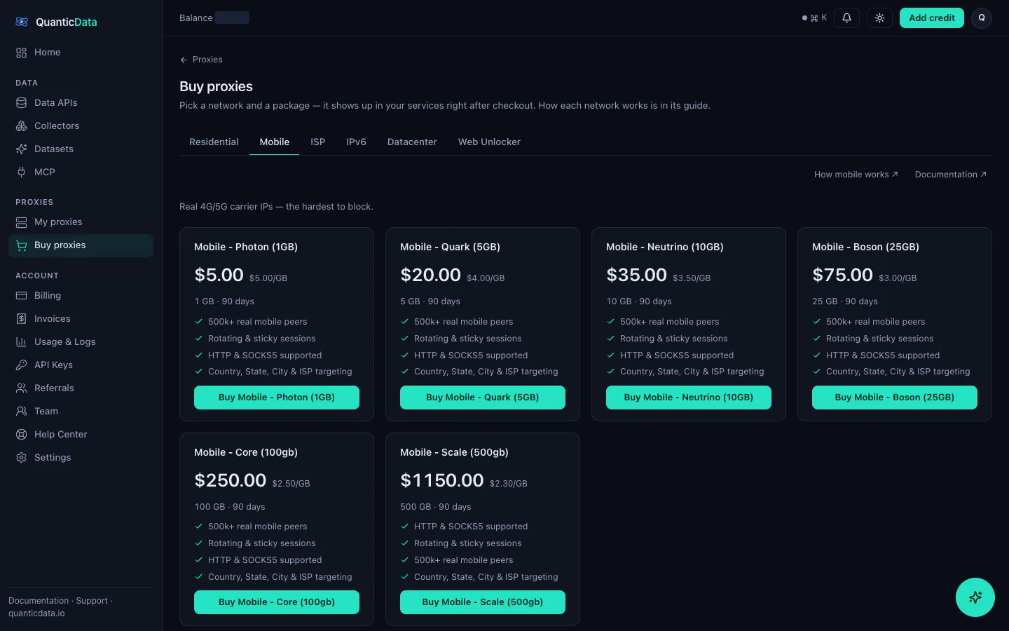 QuanticData dashboard, Buy proxies → Mobile: six bundles from $5 for 1 GB ($5.00/GB) to $1,150 for 500 GB ($2.30/GB), each valid 90 days, rotating and sticky sessions, HTTP and SOCKS5, country, state, city and ISP targeting.