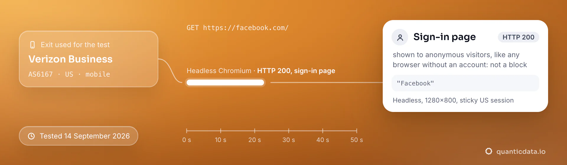 Real browser test of facebook.com through a QuanticData mobile exit (Verizon Business (AS6167), US) on 14 September 2026: HTTP 200, sign-in page shown to an anonymous visitor.