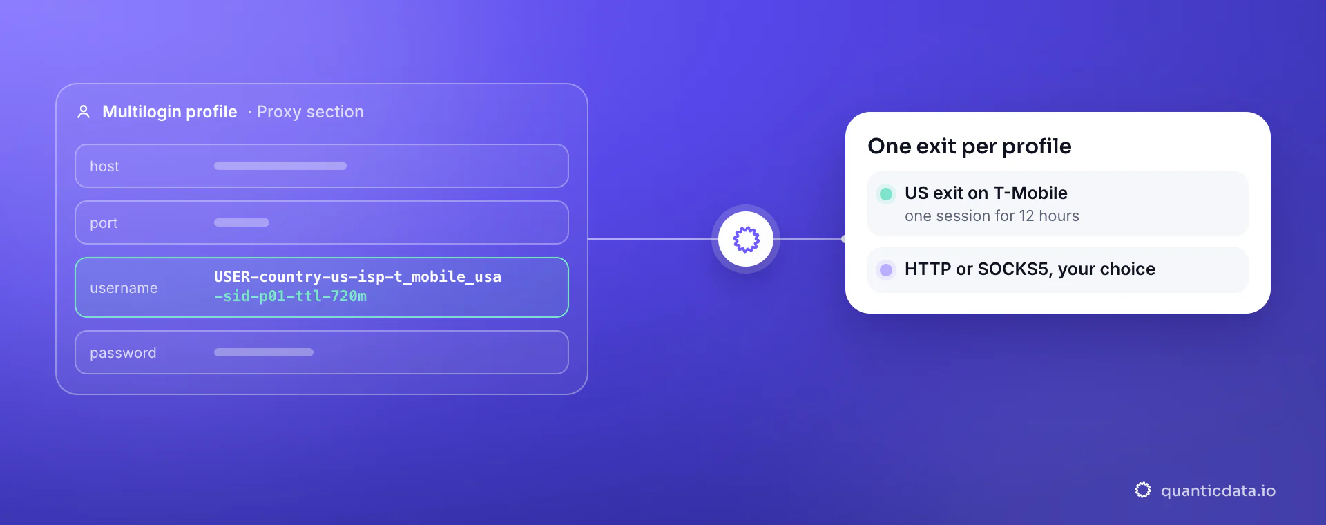 Illustration: a Multilogin profile with its Proxy section filled in (host, port, username and password), the username being USER-country-us-isp-t_mobile_usa-sid-p01-ttl-720m; through QuanticData that profile gets its own mobile exit, US exit on T-Mobile, one session for 12 hours, over HTTP or SOCKS5.