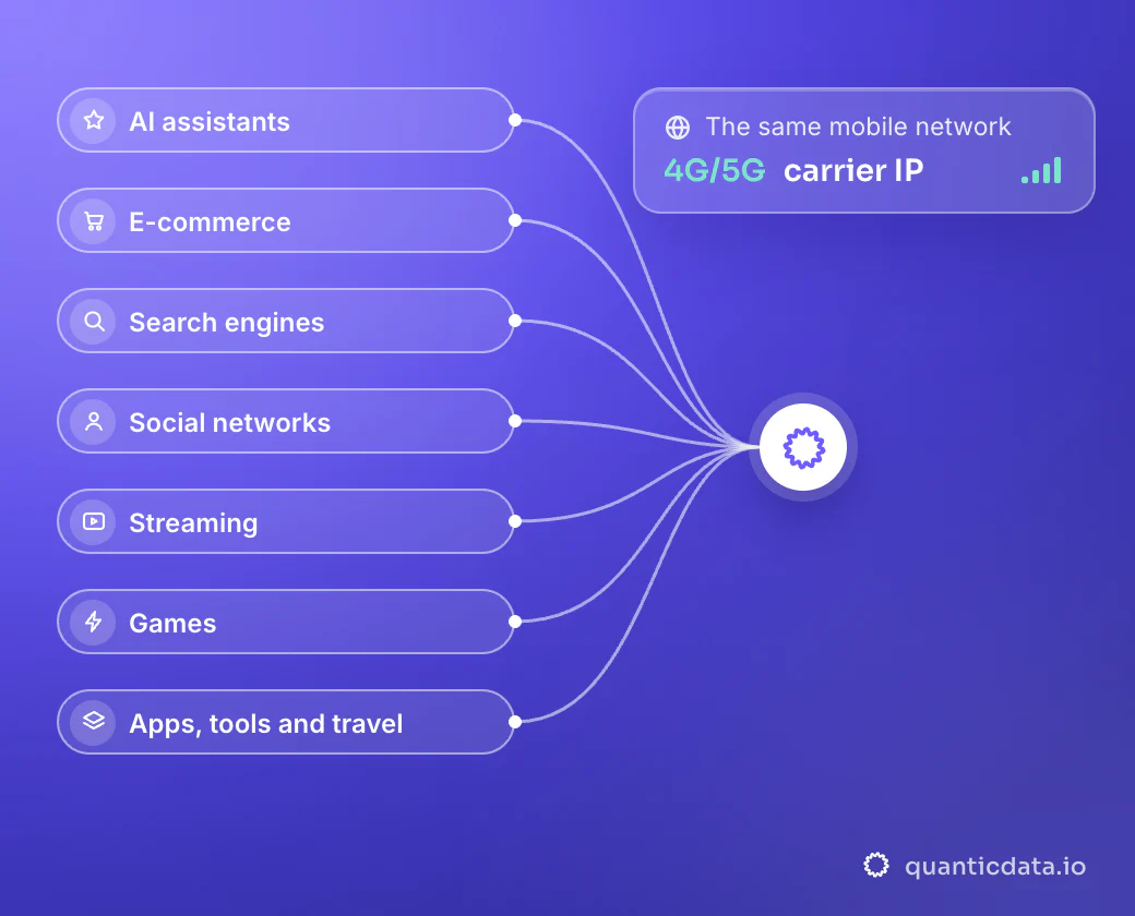 Illustration: seven categories (AI assistants, e-commerce, search engines, social networks, streaming, games, apps, tools and travel) joined to one mobile network, a 4G/5G carrier IP: one page per target.