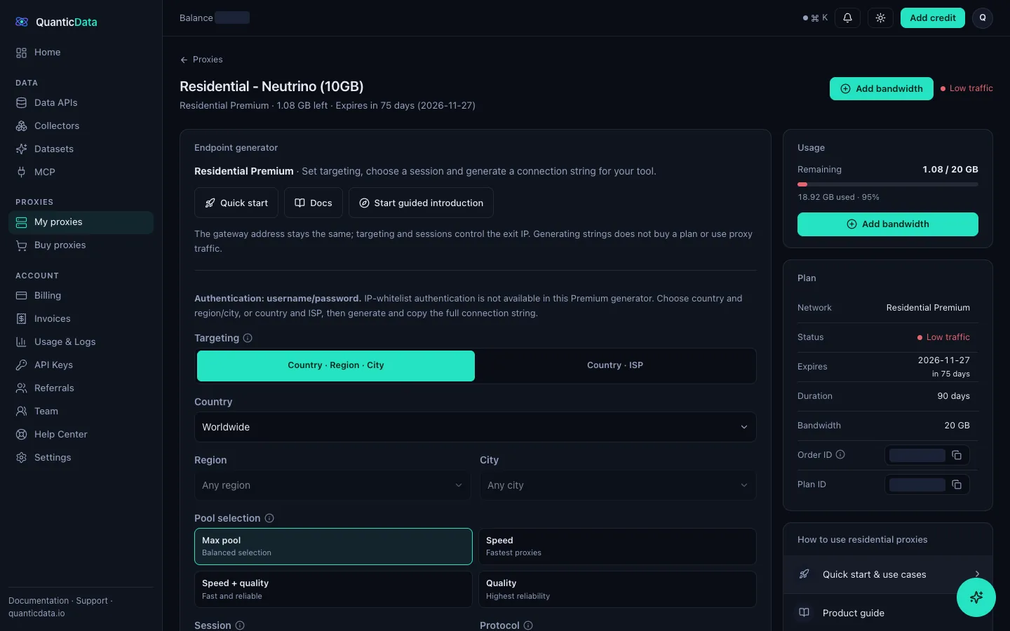 QuanticData endpoint generator for a Residential Premium plan: targeting by country, region and city or by country and ISP, pool selection, rotating or sticky session, HTTP or SOCKS5, quantity and output format.