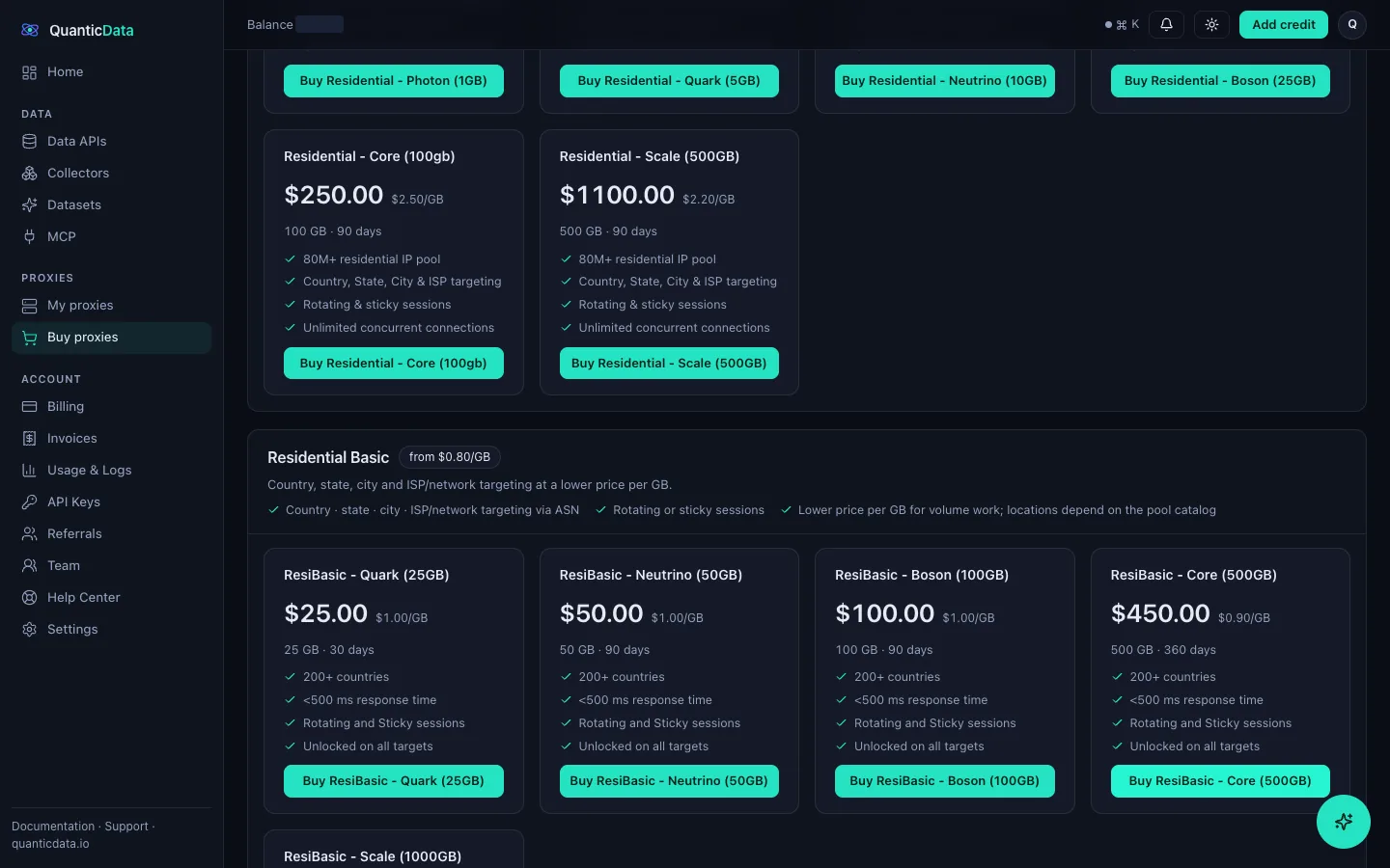 QuanticData dashboard, Buy proxies → Residential: the Residential Basic bundles at $1.00/GB, 200+ countries, rotating and sticky sessions, below the Residential Premium line.