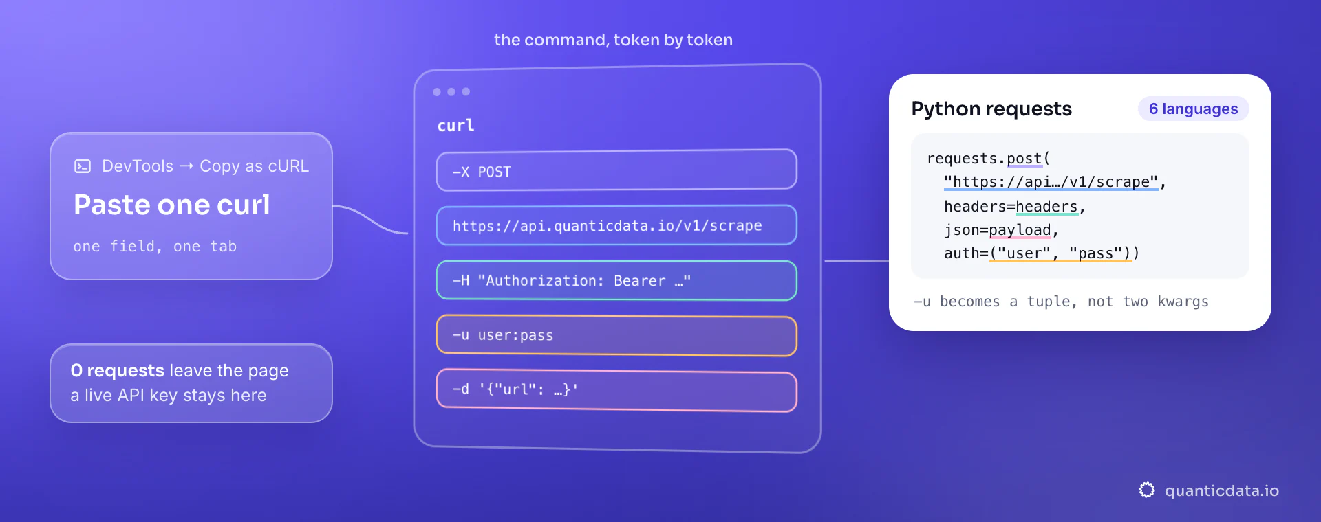 A pasted curl command split into its tokens — method, URL, Authorization header, basic auth and JSON body — each landing in the matching part of the generated Python requests call.